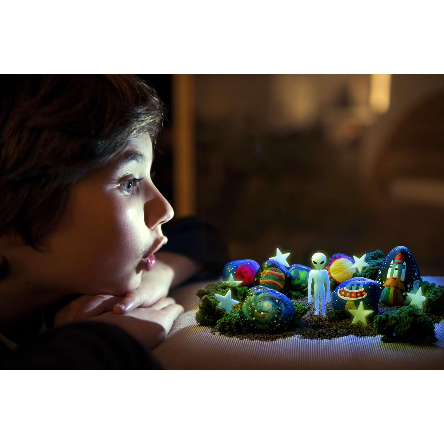 4M Glow-in-the-Dark Space Rock Painting Kit for Kids Ages 5-12 – Galaxy Garden Art Craft with Alien Figure, Glow Stars & Paint, Outdoor Night Glow Decoration Set, STEM Creative Activity - Image 6